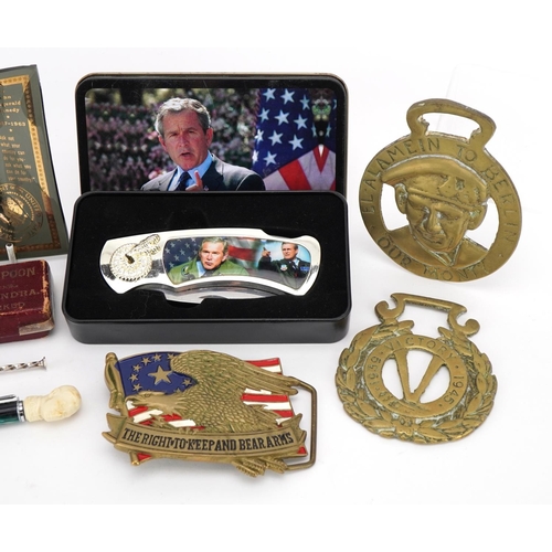 759 - British and American political interest collectables including folding knife, American enamel buckle... 