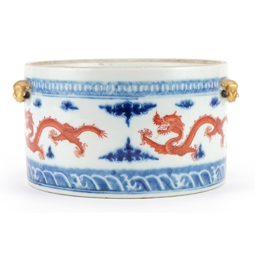 199 - Chinese blue and white with iron red porcelain censer with animalia heads hand painted with dragons ... 