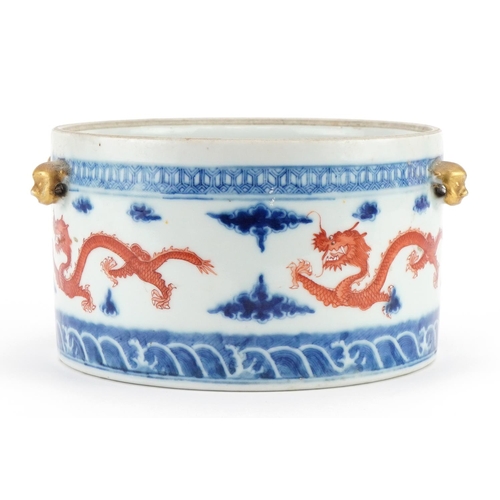 199 - Chinese blue and white with iron red porcelain censer with animalia heads hand painted with dragons ... 