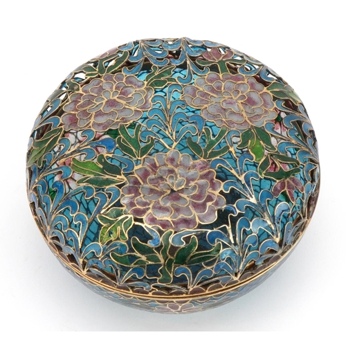 582 - Japanese plique a jour enamel box and cover enamelled with flowers, 10cm in diameter