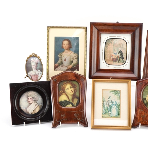 230 - Nine 19th century and later portrait miniatures and silhouettes including two housed in carved hardw... 