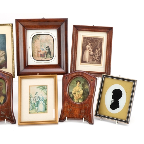 230 - Nine 19th century and later portrait miniatures and silhouettes including two housed in carved hardw... 