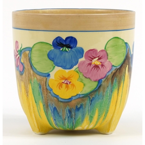 123 - Clarice Cliff, Art Deco Bizarre pottery three footed jardiniere hand painted in the Delecia Pansies ... 