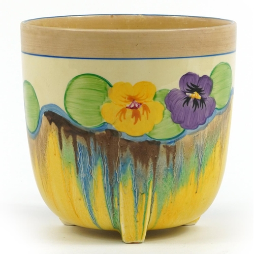 123 - Clarice Cliff, Art Deco Bizarre pottery three footed jardiniere hand painted in the Delecia Pansies ... 