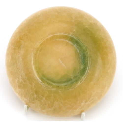 995 - Chinese green and russet hardstone bowl, possibly flourite or Jade, 11cm in diameter