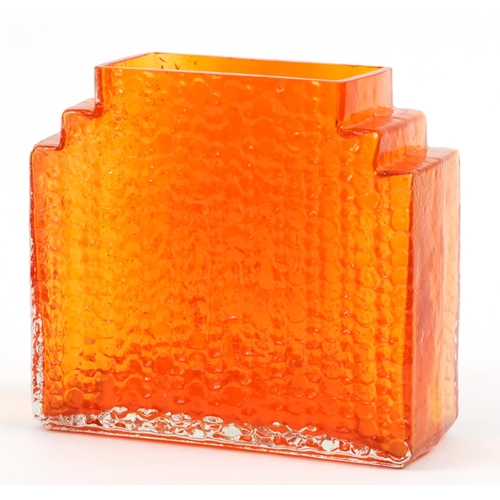 134 - 1970s tangerine swirl glass vase with stepped shoulders in the manner of Whitefriars, possibly a tri... 