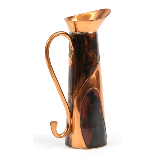 444 - Sam Fanaroff, Arts & Crafts style stylised copper jug, impressed SF to the base, 32cm high