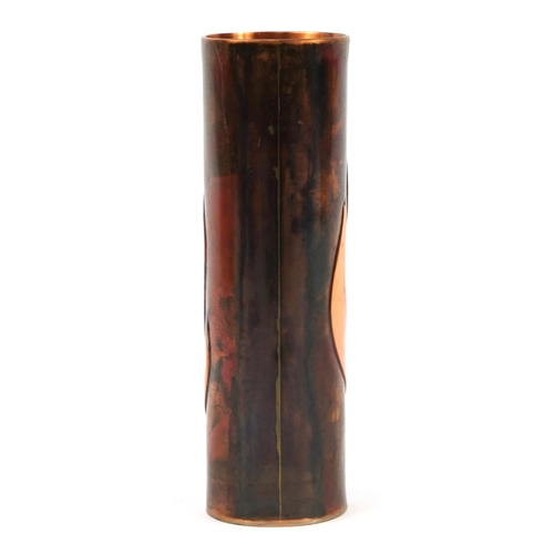 446 - Sam Fanaroff, Arts & Crafts stylised copper cylindrical vase, impressed SF to the base, 27cm high