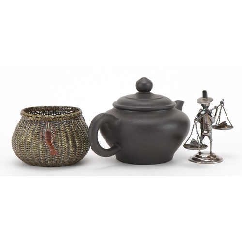 396 - Chinese and Japanese objects including a Yixing terracotta teapot, sterling silver model of a market... 