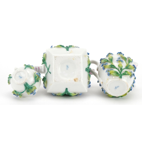 243 - Meissen style continental floral encrusted porcelain comprising teapot, jug and bowl, each hand pain... 