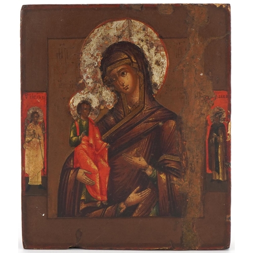 158 - Greek Orthodox hardwood icon hand painted with Madonna and child, 17.5cm x 15.5cm