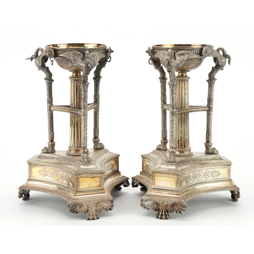 20 - Pair of 19th century Ionic silver plated centrepiece stands with swan and paw supports on triangular... 