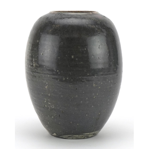 438 - Reginald Wells for Chelsea, studio pottery cauldron vase having a mottled ash glaze, various impress... 