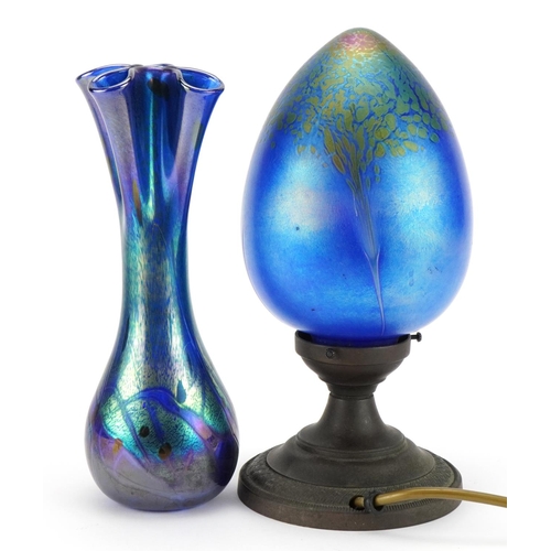 1008 - Alum Bay iridescent glass vase and a table lamp with heron iridescent glass shade, the largest 23cm ... 