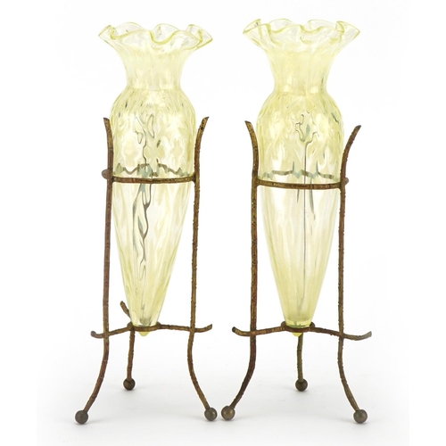 133 - Attributed to James Powell & Sons, pair of Arts & Crafts Vaseline glass vases housed in gilt metal f... 