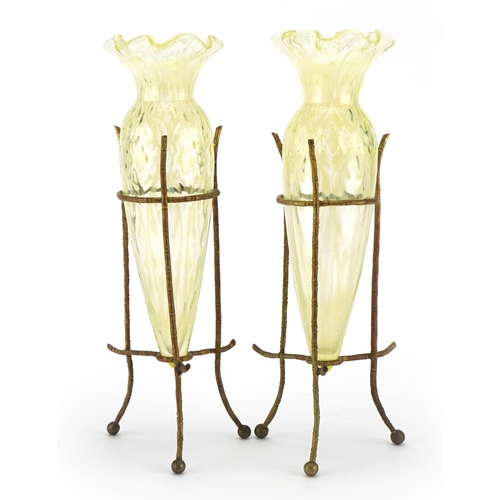 133 - Attributed to James Powell & Sons, pair of Arts & Crafts Vaseline glass vases housed in gilt metal f... 