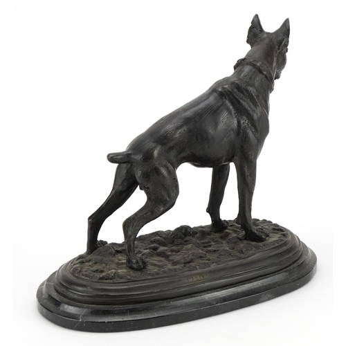 606 - After Pierre Jules Mene, patinated bronze study of a Boxer dog raised on an oval marble base, 30cm i... 