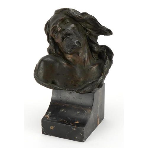 605 - Gaetano Chiaramonte, patinated bronze bust of Christ raised on a marble base, 20.5cm high