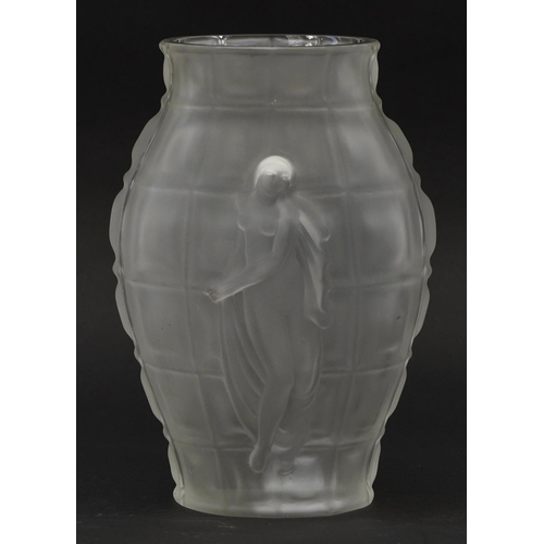 772 - Czech Desna frosted glass design vase moulded in relief with nude females, 24.5cm high