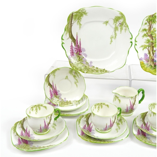 591 - Royal Albert Foxglove pattern teaware including trios, milk jug, sugar bowl and two side plates, the... 