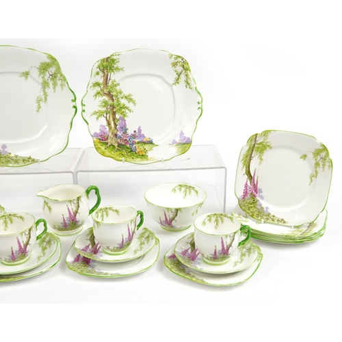 591 - Royal Albert Foxglove pattern teaware including trios, milk jug, sugar bowl and two side plates, the... 