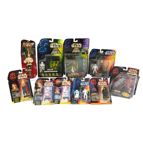 1409 - Star Wars action figures housed in sealed blister packs including episode 1 Qui-gon Jinn Pin Pop can... 