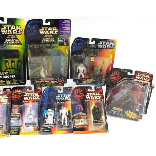 1409 - Star Wars action figures housed in sealed blister packs including episode 1 Qui-gon Jinn Pin Pop can... 