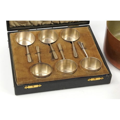 623 - Graduated set of five 19th century copper and iron saucepans and a set of six silver plated preserve... 