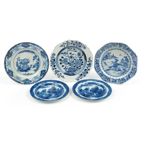 513 - Three Chinese blue and white porcelain plates hand painted with flowers and a river landscape togeth... 