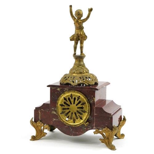 717 - French red marble and gilt metal figural mantle clock striking on a bell with circular dial inscribe... 