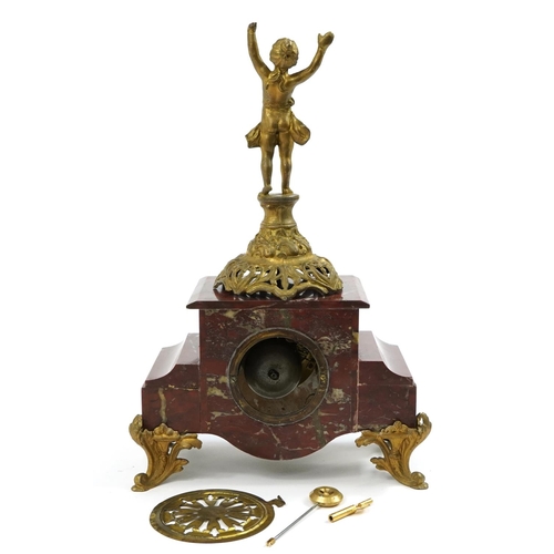 717 - French red marble and gilt metal figural mantle clock striking on a bell with circular dial inscribe... 