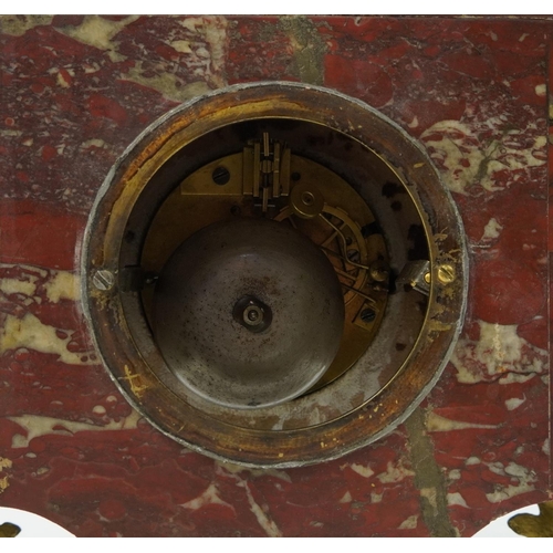 717 - French red marble and gilt metal figural mantle clock striking on a bell with circular dial inscribe... 