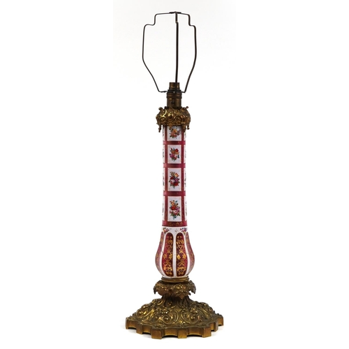 181 - 19th century bronze lamp with Bohemian white overlaid cranberry glass column hand painted with flowe... 