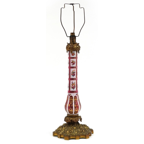 181 - 19th century bronze lamp with Bohemian white overlaid cranberry glass column hand painted with flowe... 