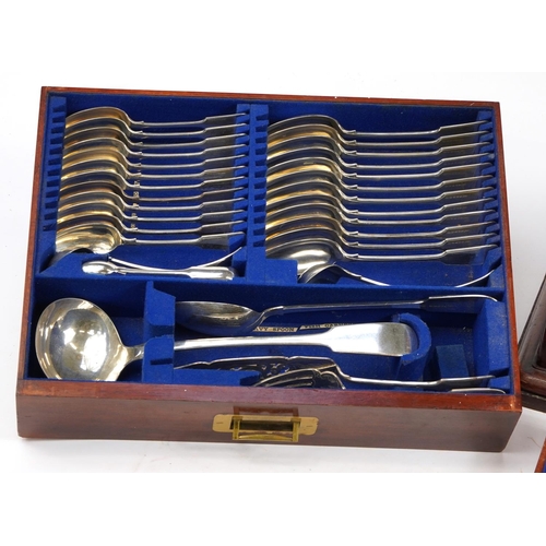 999 - Mappin & Webb mahogany three drawer canteen housing various silver plated cutlery, 28cm H x 51cm W x... 