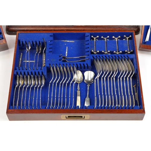 999 - Mappin & Webb mahogany three drawer canteen housing various silver plated cutlery, 28cm H x 51cm W x... 