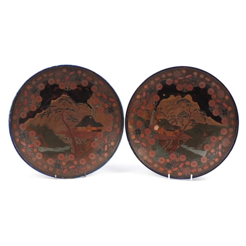 971 - Pair of Japanese Totai Shippo porcelain and cloisonne chargers decorated with Mount Fuji, each 34cm ... 