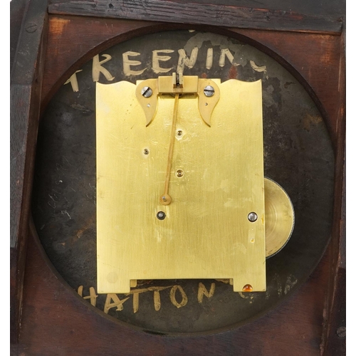 46 - 19th century mahogany drop dial fusee wall clock with brass inlay and circular dial having painted R... 