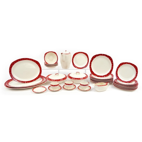 969 - Midwinter Stylecraft Polker Dot dinner and teaware including coffee pot, lidded tureens and meat pla... 