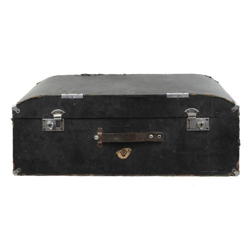 547 - 1950s Rexine covered angled motoring trunk with remnants of AA paper label, 79cm wide