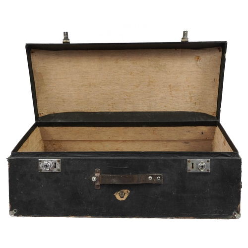 547 - 1950s Rexine covered angled motoring trunk with remnants of AA paper label, 79cm wide