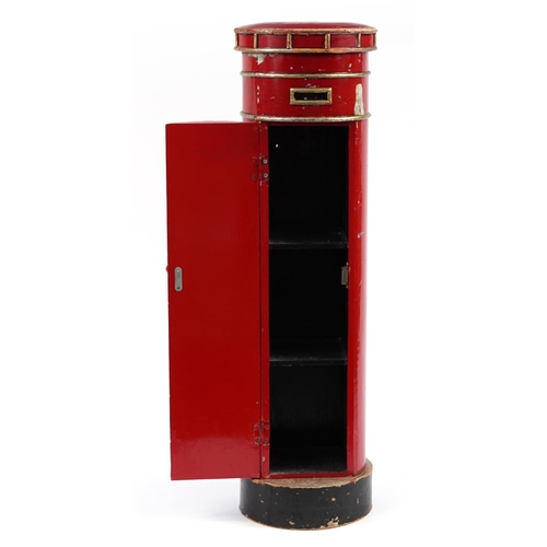 931 - Novelty painted metal Royal Mail postbox design cabinet with shelves, 89cm high