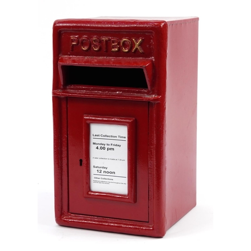 1186 - Red painted metal postbox with cast iron front, 43cm H x 24cm W x 27cm D