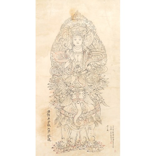 205 - Manner of Zhang Daqian - Dunhuang Buddha, Chinese ink on watercolour, unframed, 147cm x 78cm