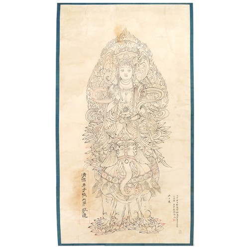 205 - Manner of Zhang Daqian - Dunhuang Buddha, Chinese ink on watercolour, unframed, 147cm x 78cm