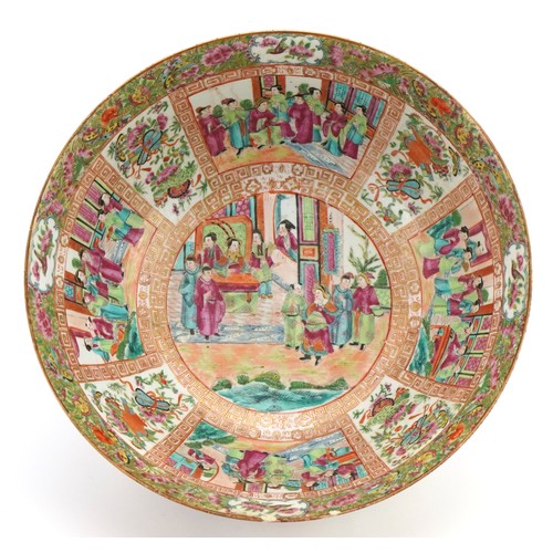 140 - Large Chinese Canton porcelain punch bowl hand painted in the famille rose palette with flowers and ... 