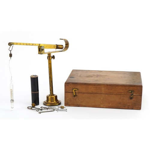 222 - Set of antique brass specific gravity balances with Reimann's thermometer housed in a fitted wooden ... 