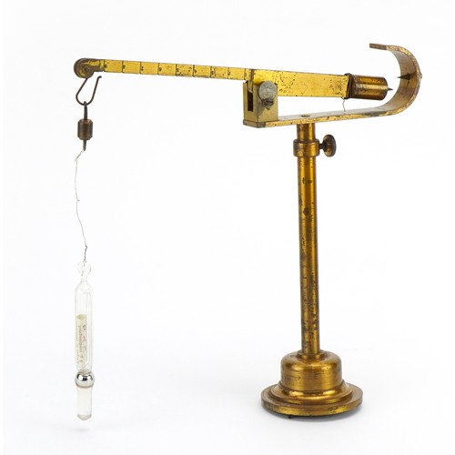 222 - Set of antique brass specific gravity balances with Reimann's thermometer housed in a fitted wooden ... 