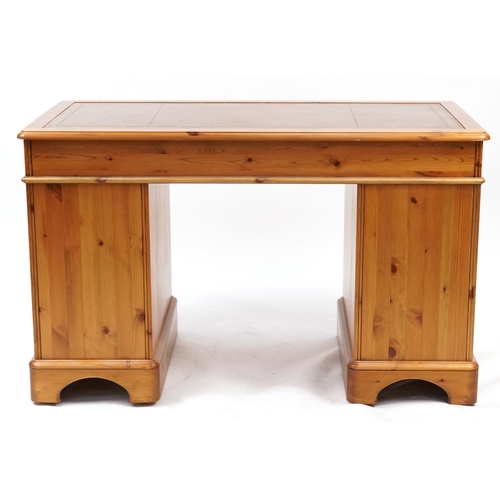 866 - Pine twin pedestal desk with tooled leather insert, 76cm H x 121cm W x 63cm D