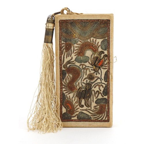 238 - Chinese style stump work silk cigarette case embroidered with animals and insects, 14.5cm in length